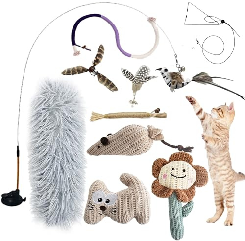 CUUOOT 7-in-1 Interaktives Katzenspielzeug Selbstbeschäftigung Katzenangel mit waschbarem Saugnapf, Hängendes Katzenspielzeug, Katzenminze Stick und Katze Beißseil Kauspielzeug Feder