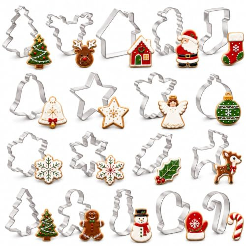 Weihnachten Ausstechformen Set, 18 Stück Edelstahl Weihnachts Ausstecher | Lebkuchenmann, Baum, Schneeflocke, Santa, Rentier, Strumpf, Glocke, Kugel, Stern und Zuckerstange