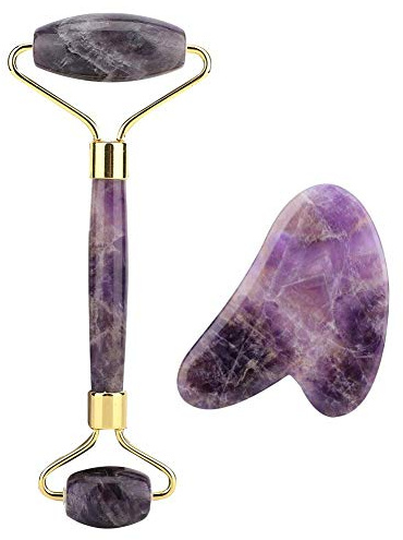 Leinggg Gesichtsroller Set mit Gua Sha Jade,Jade Roller Gesicht Massagegert, natürliche Jade Roller -100% natürlichen Quarzstein- Gesichtsmassagegerät für Falten, Anti-Aging Jaderoller