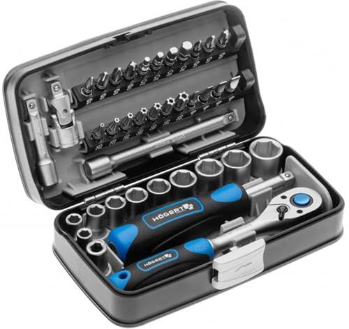 Högert Technik - Werkzeugset 38-tlg Werkzeugkoffer, Ratschenset, Steckschlüsselsatz, Bits, Ausstattung 1/4”, Klein Tragbare Werkzeugkaste Werkzeug Set für Heimwerker Garage, Haushalt