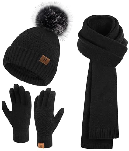 Bequemer Laden Damen Mütze Winter Beanie Lang Schal Touchscreen Handschuhe | Damen Thermo Wintermütze Strickmütze mit Bommel Lang Winterschal Touchscreen Winterhandschuhe Weihnachtsgeschenke Frauen