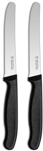 targzier Frühstücksmesser 2 Stück,Hochwertiges Brötchenmesser Set,Scharfe Messer mit Wellenschliff,Edelstahl Schneidemesser,Kunststoffgriff Tomatenmesser,Schwarzes Messerset