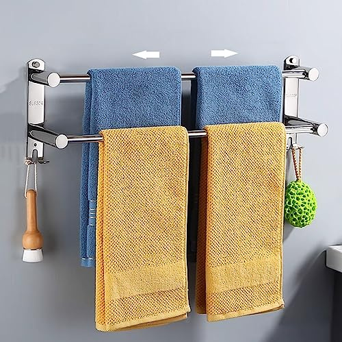ANBOO Handtuchhalter Ausziehbar 2 Armig, 43-75CM Teleskop Handtuchhalter Ohne Bohren mit 4 Hakenpositionen, Handtuchstange Edelstahl für Badezimmer Küche Wand (Doppelter Handtuchhalter)