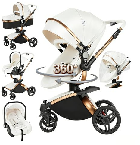 Magic ZC 360° Drehbarer PU-Leder Kinderwagen 3 in 1, Kinderwagen Set Umkehrbarem Doppelschiebemodus, Kombikinderwagen 3 in 1 Großer Babywanne, Buggy Rahmen Aluminiumlegierung Faltbar (906 White)