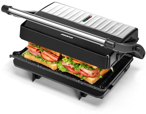 Aigostar Kontaktgrill 1000W, Antihaftbeschichtung, 180° öffenbar, BPA-frei | Panini Grill und Sandwichmaker, Klein & Kompakt mit vertikaler Aufbewahrung, für Steaks, Fleisch & Gemüse | York Pro