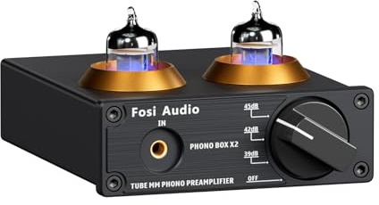 Fosi Audio Box X2 Phono Vorverstärker für MM Plattenspieler, Vorverstärker mit Gain-Regelung, Stereo Röhrenvorverstärker HiFi-Mini Vakuum Vorverstärker für Plattenspieler, Inklusive 12V DC Netzteil