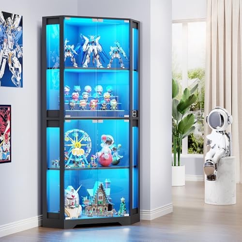 BROTTAR Eckvitrine mit Glastüren, Tall 165cm Eck Bücherregal mit 3 Farben Led Beleuchtung, 4-Ebenen Vitrinenschrank mit Intelligente Sensorik für Wohnzimmer Schlafzimmer Büro, Schwarz