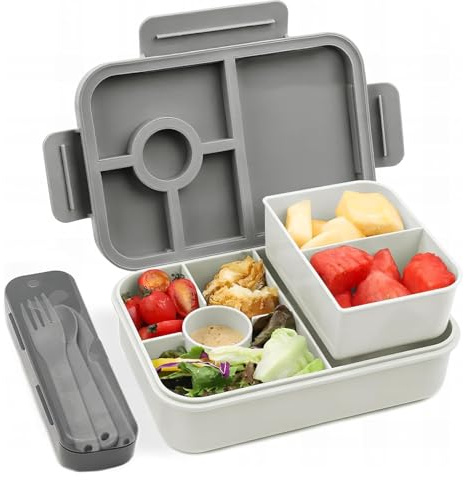 Bugucat Brotdose Kinder mit Fächern 1300ML,Lunchbox Kinder Auslaufsicher mit 5 Fächern,Bento Box Lunchbox mit Fächern für Erwachsene,Vesperdose Frühstücksbox für Mädchen & Jungen BPA-Frei Grau