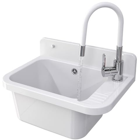 Granitan Ausgussbecken, 50x34x31 cm (Weiß + Waschtischarmatur FLEX) | Waschbecken Wandmontage, für Garage Keller Werkstatt, Universal Waschtrog mit Siphon