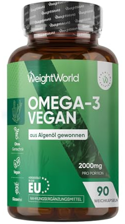 Omega 3 Vegan - 90 Weich-Kapseln - 2000 mg Omega 3 Algenöl liefern 600 mg DHA & 300 mg EPA pro Portion - EPA & DHA tragen zur normalen Herzfunktion bei (EFSA) - WeightWorld