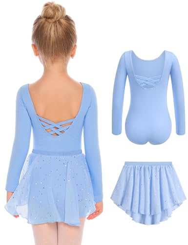 Arshiner Kinder Ballettkleidung Ballettkleid Langarm Ballettanzug Kinder Baumwolle Tanzkleid Rückenfrei Ballett Trikot mit Tütü Tanztrikot Kleinkind Ballerina Kleid Blau 160 9-10 Jahre