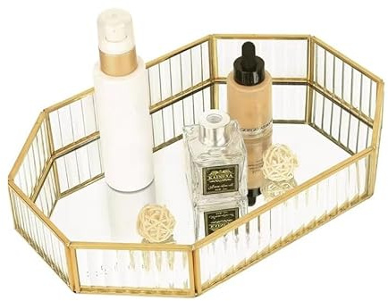SLHEQING Spiegeltablett Gold Vintage Spiegel Tablett Make-up Schmuck Organizer, Verspiegelt Metall Deko Tablett