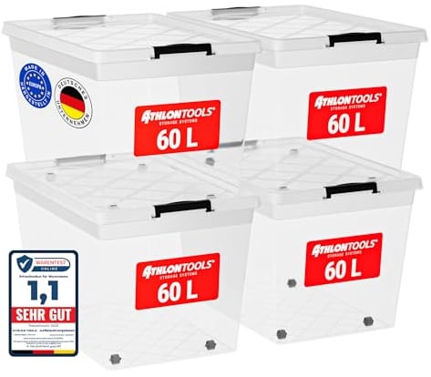 ATHLON TOOLS 4x 60 L Aufbewahrungsboxen mit Deckel, lebensmittelecht - Verschlussclips - 100% Neumaterial Plastik-Box transparent - Kleiderboxen stapelbar…