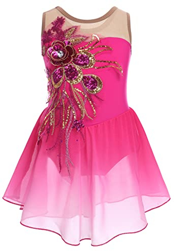 Eiskunstlauf Kleider Mädchen Kinder Ärmellos Glitzer Pailletten Blumen Turnanzug Gymnastikanzug Ballett Tütü Tüllkleid Balettkleider Ballettkleid Kürkleider Tanzkleid Ballerina Kostüm Rot 7-8 Jahre