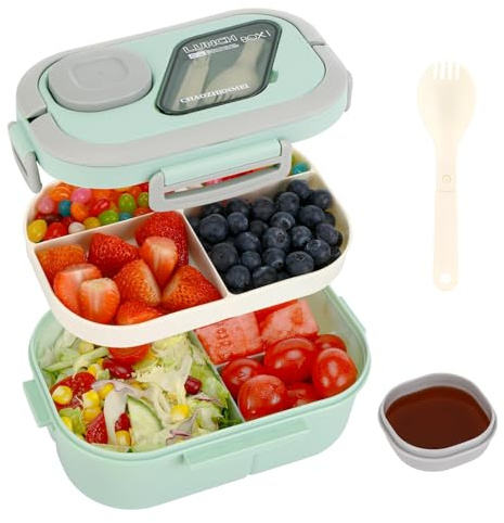 Kasanni Lunch Box with Compartments, Lunchbox, Behälter für Mittagessen und Salat, Bento-Box mit Löffel, Vesperdose, Pausenbrot, für Erwachsene & Kinder, BPA-Frei (Grün)