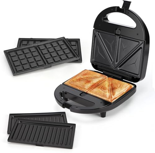 Sandwichmaker 3 in 1, Kontaktgrill, Sandwichtoaster, Waffeleisen 3 in 1 | 3 Abnehmbare, Spülmaschinengeeignete und Antihaftbeschichtete Grillplatten, Dreieckig Sandwich Maker, 750 W, BPA-frei