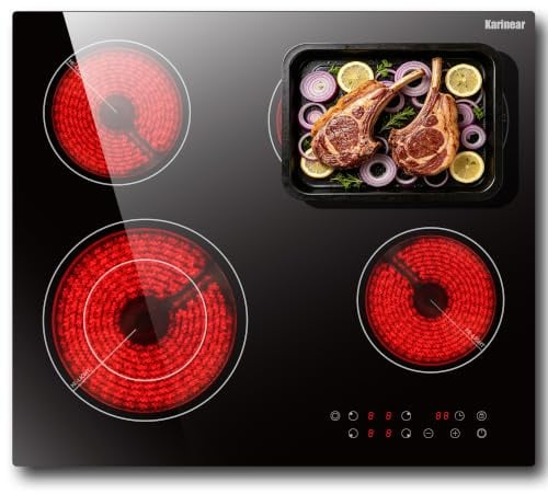 Karinear Glaskeramikkochfeld 4 Platten, 6600W, Doppelringzone & Bräterzone | 60 cm Kochfeld Autark, 99 Minuten Timer, Kindersicherung, Herdplatte 4 Kochfelder, Warnung für Abwärme, 220V-240V