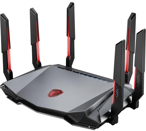MSI Radix AXE6600 WiFi 6E Tri-Band Gaming Router - Schnelles WLAN bis 6600 Mbit/s (6GHz, 5GHz, 2,4GHz Wireless), AI QoS Priority, MU-MIMO, Beamforming, WPA3, 2.5G WAN/LAN & 4X 1G LAN Anschlüsse - RGB