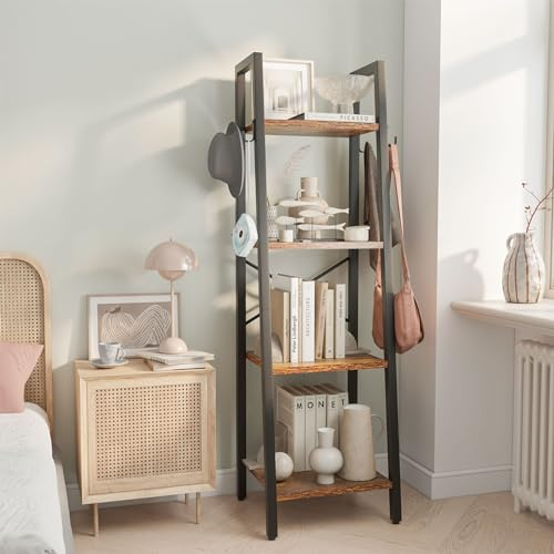 YMYNY Bücherregal, Leiterregal, DIY Standregal 4 Ebenen, Stabilen X-Metallrahmen, Industriestil, Multifunktionales Holz Regal für Wohnzimmer, Büro, Balkon, Rustikales Braun HBC024H
