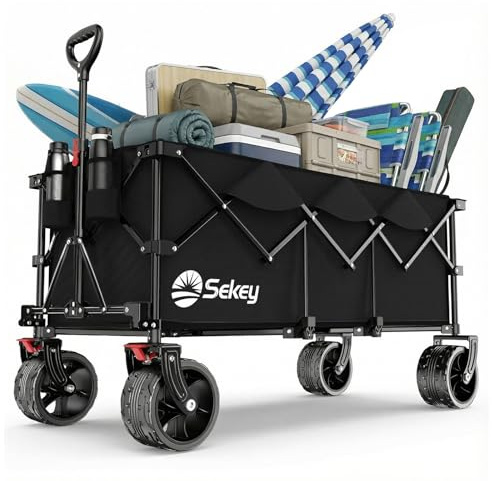 Sekey XXXL Bollerwagen Faltbar 300L 200KG Belastbar, verlängerter Faltbollerwagen mit Extra Breite 17x10 cm All-Terrain-Räder Handwagen, Patentiert 4-Wege-Sofortaufbau Transportwagen, Schwarz