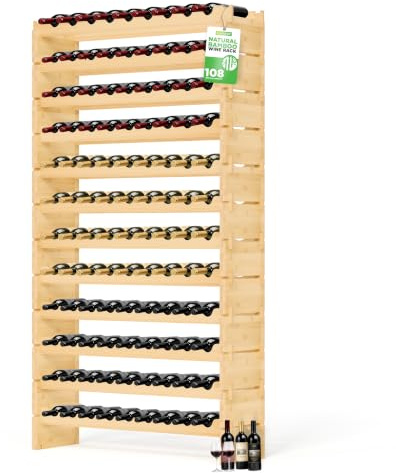 NutriChef Regal Schmal Weinregal aus Bambus Holz – 108 Flaschen, 4 Etagen – Stapelbares Flaschenregal für Keller oder Küche – Einfache Montage – 85 x 25 x 159 cm