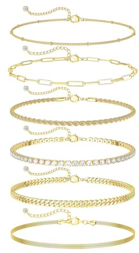 Hebterrka Gold Fußkettchen für Damen, wasserfest zierliche 6 teilige 14 Karat vergoldete Fußkettchen mit geschichteten kubanischen Gliederketten