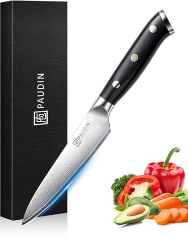PAUDIN Damastmesser 13 cm Allzweckmesser Chefmesser Kochmesser profi Küchenmesser scharfes Messer mit ergonomischem G10-Griff aus Damaststahl für Fisch Gemüse Obst Fleisch Brot Kuchen Käse