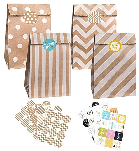 PAKNOR® Papiertüten Braun, 40 stk Kraftpapiertüten Geschenktüten Papier Braune Tüten Papier mit 96 Aufkleber, Papiertüte zum Verpacken von Geschenken, Giveaways, Kindergeburtstag