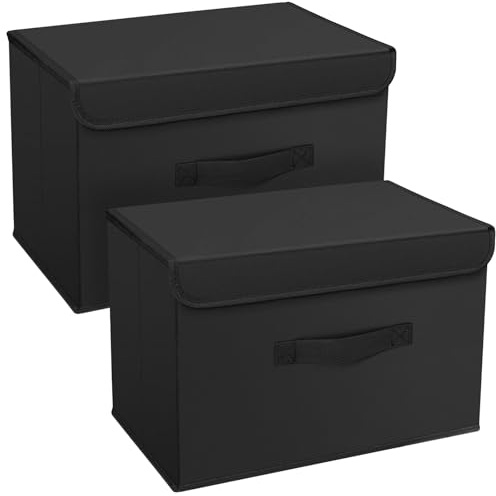 DIMJ 2 Stück Aufbewahrungsboxen mit Deckel, Faltbare Aufbewahrungskiste mit Griff, Aufbewahrungskorb Stoff, Ordnungsboxen Kleiderschrank Organizer, Faltbox für Kleidung, Schwarz