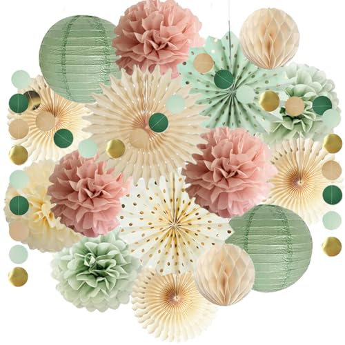 Party Deko Salbeigrün Rosa Geburtstagsdeko Beige Rosa Seidenpapier Pompoms Papierfächer Papierlaterne Salbeigrün Papier Girlande für Neutral Babyparty Brautparty Hochzeit Party Dekoration