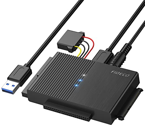 FIDECO IDE und SATA Adapter, USB 3.0 Festplatten Adapter mit Netzschalter, SATA und IDE Konverter für 2.5" und 3.5" HDD oder SSD, CD-ROM, CD-RW, DVD-RW Laufwerke
