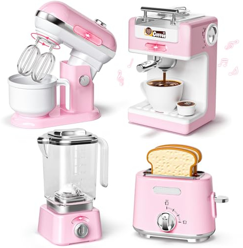 Kinder Küchengeräte Set | Kaffeemaschine Mixer Toaster Rührgerät mit Sound | Zubehör Spielküche mit Licht Sound | Kinderküche Zubehör Spielzeug Geburtstag Geschenk Mädchen 3 4 5 6 7 8 Jahre