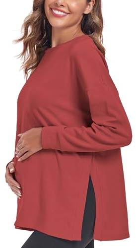 Ecavus Damen Umstandsshirt Langarm Umstandstop mit Seitenschlitzen | 95% Baumwolle, Weich und Elastisch, Lockerer Schnitt, für Schwangerschaft, Alltag, BüRo und Entspannte Stunden zu Hause