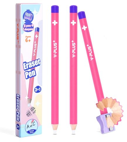 YPLUS Radierstift 3 Stück Präzise für Kinder Schule, Rosa mit Spitzer | Punktgenau Kein Krümel, Ergonomisches Design mit Spitzer, Schule Geschenk