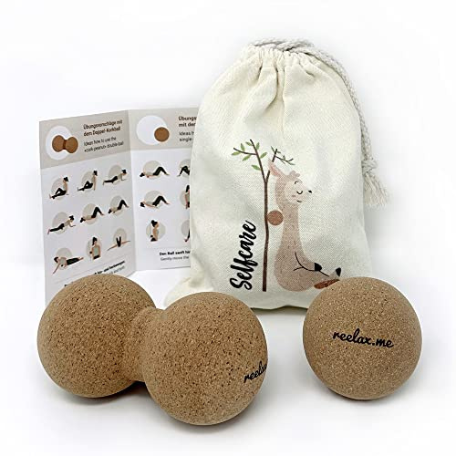 Reelax.me Faszien-Set aus Faszienball Massageball & Duoball aus natürlichem Kork, plastikfrei in Baumwolltasche, ideal für Rücken, Nacken, Füße, Lama-Geschenk Selfcare