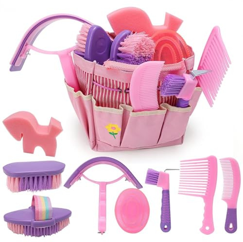 IDUNSEED 9 Teiliges Putzzeug Für Pferde Kinder mit 8 Zubehörteilen und 1 Aufbewahrungstasche, Spielzeug Pferdepflege-Set Hobby Horse,Pferdebürsten für Pferde,Borstenbürsten,Pferdepflege,Pflegezubehör