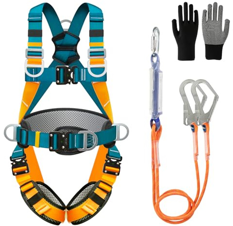 CISSIYOG Absturzsicherung Sicherheitsgurt, Sicherheitsgurt mit Lanyards, Auffanggurt für Dachdecker, Kletterseil, klettergurt Herren, mit 2 x Große Schnallen und 2 x 2m Lanyards, Tragfähigkeit 140 kg