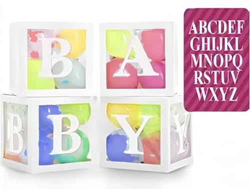 Kiuiom Babyparty Deko Mädchen Junge,Partydekoration Ballonbox,Babyparty Dekoration,Transparente Quadratische Ballonboxen mit 26 Buchstaben A-Z für Jungen und Mädchen Geburtstag Partydekoration