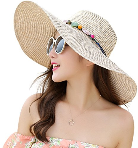 JOYEBUY Damen Schlapphut mit großer Krempe, Schleife, Strohhut, faltbar, aufrollbar