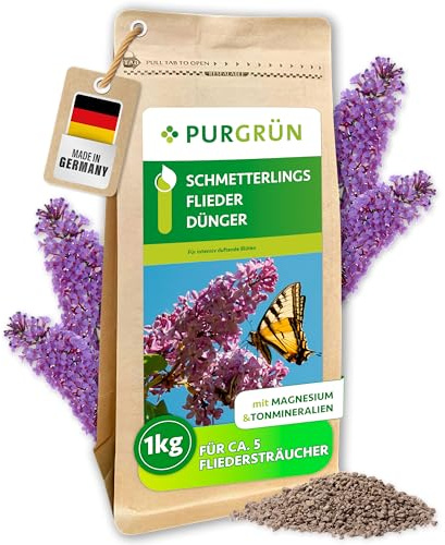 Purgrün® Schmetterlingsflieder-Dünger 1 kg – Organisch-mineralische Rezeptur – Feinkörniges Krümelgranulat – NPK 8+4+5 – Extra Magnesium für prächtige Blüten – Verbessert die Bodenqualität
