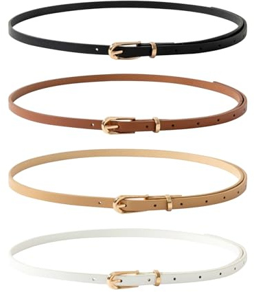 LAIVIYA 4 Stück Schmaler Taillengürtel für Damen Ledergürtel Verstellbarer Dünner Skinny Klassisch Gürtel Damengürtel Schmal mit Goldener Kreisschnalle für Jeans Hosen Kleider Schwarz Khaki Weiß Beige