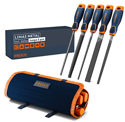 Presch Werkstattfeilen Set 5tlg. inkl Rolltasche - Hochwertiges Metallfeilen Set mit Hieb 2 inkl. Flachstumpffeile, Halbrundfeile, Rundfeile, Dreikantfeile und Vierkantfeile - Profi Feilenset Metall