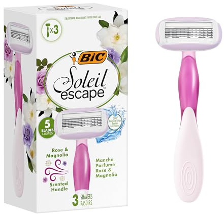 BIC Soleil Escape 5-Klingen-Einweg-Rasierer für Damen mit Rose & Magnolie, Feuchtigkeitsstreifen mit Mandelöl – 3er Box