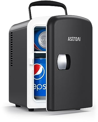AstroAI Mini Kühlschrank, 4 Liter Fridge 6 Dosen, Kleiner Kühlschrank mit 220V AC+12V DC Netzkabel für Autos, Büros, Schlafsäle und Kosmetik, Schwarz