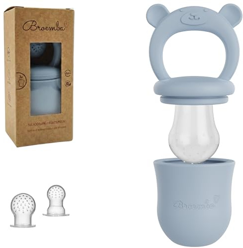 Broemba Fruchtsauger Baby & 3 Schnuller - Blauer 100% Silikon Nahrungsschnuller mit Beißring, Fruchtschnuller für Obst, Gemüse & Babynahrung, BPA-frei
