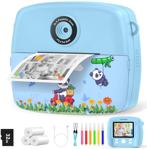 CNAPXAIA Sofortbildkamera Kinder, 2,4 Kinderkamera mit Sofortdruck, 32GB Karte & 3 Rollen Druckpapier, Fotokamera Geburtstagsgeschenk für Jungen Mädchen ab 3-12 Jahren (Blau)