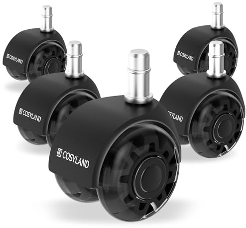 COSYLAND Bürostuhl Rollen 10mm x 22 mm - 5er Set Rollen für Bürostühle - Super Leise und Weiche für Hartböden, Parkett, Teppich, Laminat, Keine Bodenschutzmatte Nötig, Schwarz Doppelräder