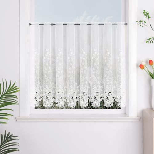 Yujiao Mao Scheibengardine Küchengardinen Bistrogardine Mit Besticke Weiß Blumen Küche Vorhang Tür Halbtransparent HxB 75x150cm 1 Stück