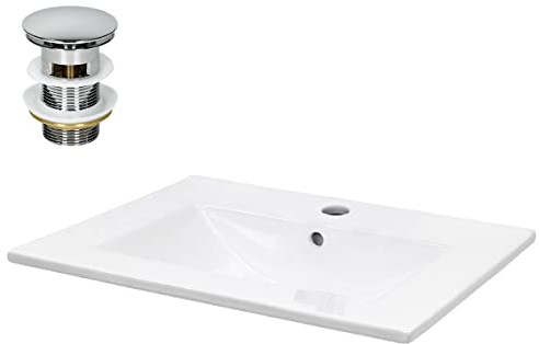ECD Germany Waschbecken Waschtisch 610x465x175 mm Keramik Weiß inkl Ablaufgarnitur mit Überlauf Einbaubecken Einbauwaschbecken Handwaschbecken Einbauwaschtisch Aufsatzwaschbecken Spülbecken Wasserfall