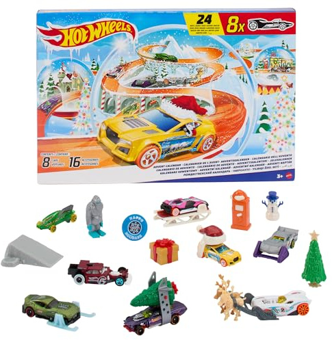 Hot Wheels Spielzeugautos, Adventskalender 2024, 8 Hot Wheels Autos im Maßstab 1:64, hinter 24 nummerierten Türchen verstecken sich 16 winterliche Zubehörteile und eine Spielmatte, HTG00